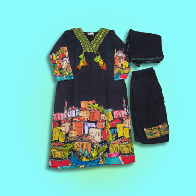 Pure Cotton Design V Neck Print Kurti With Chiffon Dupatta Black