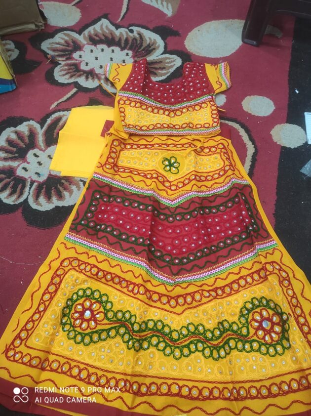 Radha Rani Dress | Lehnga Choli With Plain Dupatta Red Yellow | Cotton Resham Work for Kid Girls